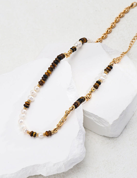 Tiger Eye Stone Pearl Necklace - anne-sandy - -