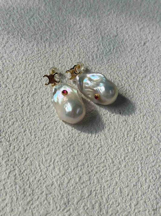 Ruby-Set Baroque Pearl Earrings