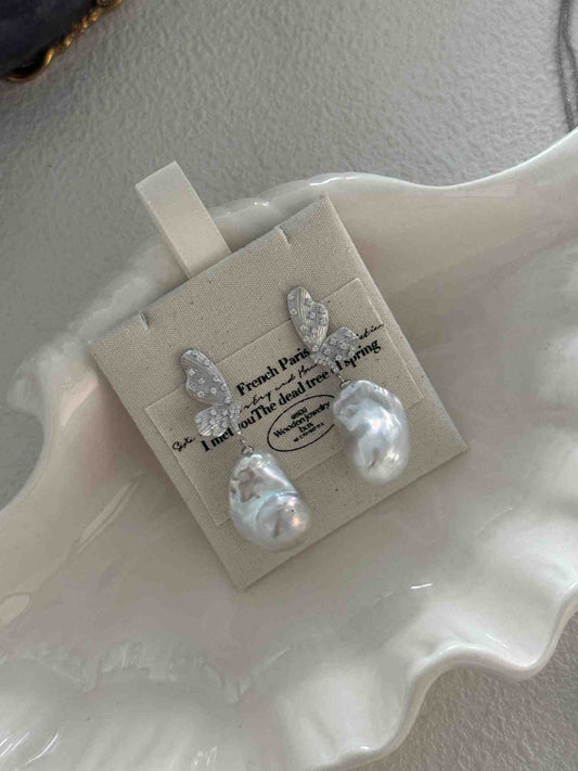 Silver Wing Baroque Pearl Butterfly Earrings