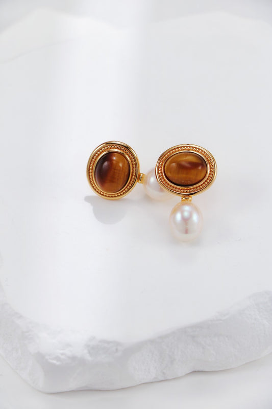 Tiger Eye Pearl Earrings